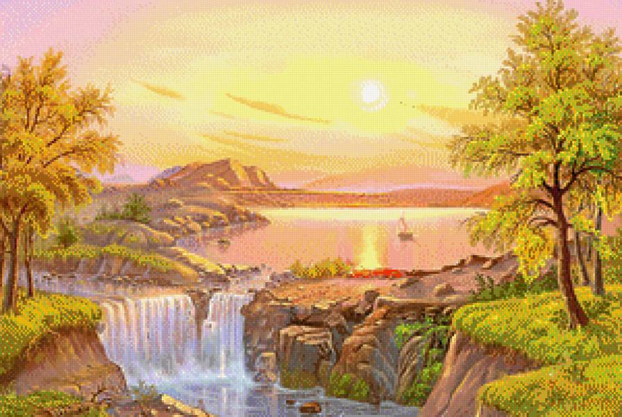 Сказочный пейзаж - река, живопись, пейзаж, закат, водопад - предпросмотр