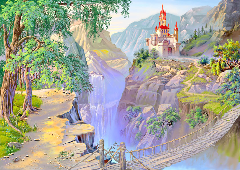 Сказочный пейзаж - замок, домики, мостик, живопись, пейзаж - оригинал