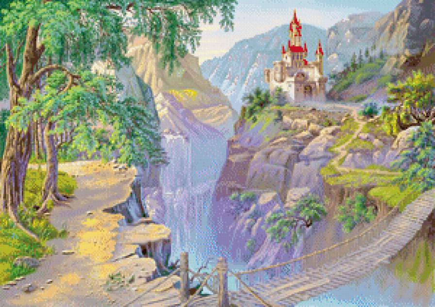 Сказочный пейзаж - домики, мостик, пейзаж, живопись, замок - предпросмотр