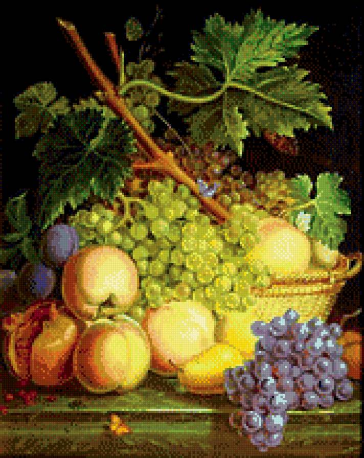 Натюрморт с фруктами - гранат, персики, винорад, натюрморт - предпросмотр