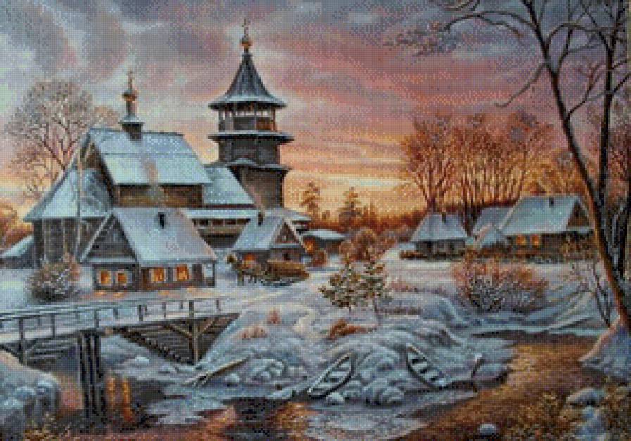 родные просторы - лес, мост, снег, деревня, дом, церковь, зима, река, пейзаж, лодки - предпросмотр