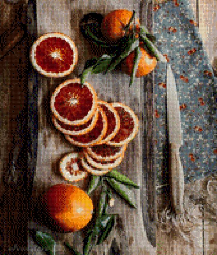 Апельсиновый натюрморт - ткань, нож, натюрморт, доски, апельсин - предпросмотр