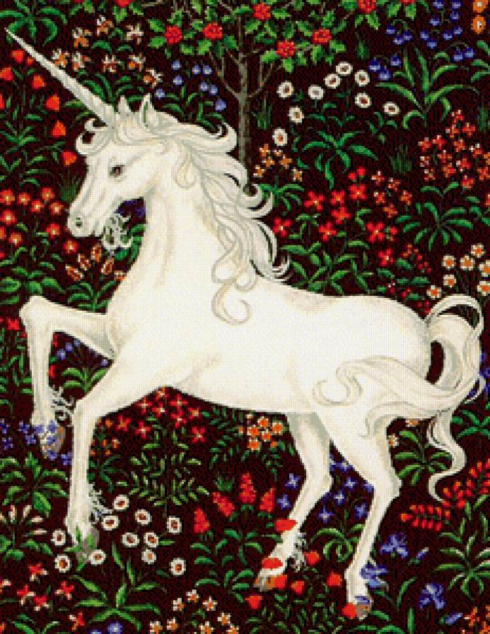 Единорог из сказки - единорог, конь, цветы, сказка, панно - предпросмотр