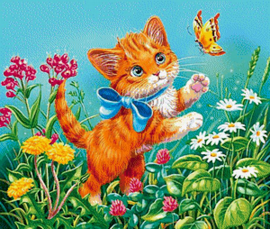 На летней лужайке - бабочка, лето, ромашки, цветы, котенок - предпросмотр