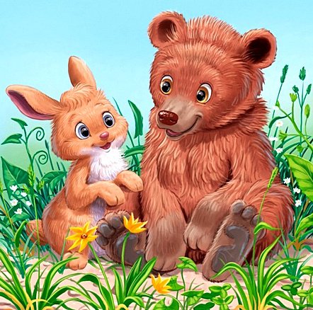 На летней лужайке - цветы, мишка, лето, зайчик - оригинал