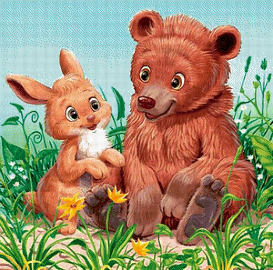 На летней лужайке - мишка, цветы, зайчик, лето - предпросмотр