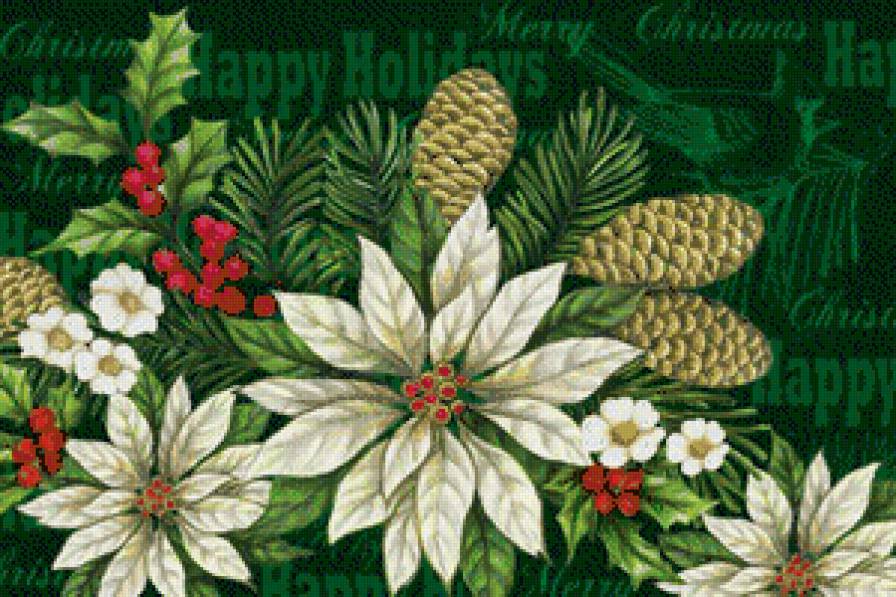 рождественское настроение - пуансеттия, сосна, рождество, белые цветы, новый год, подушка, шишки - предпросмотр