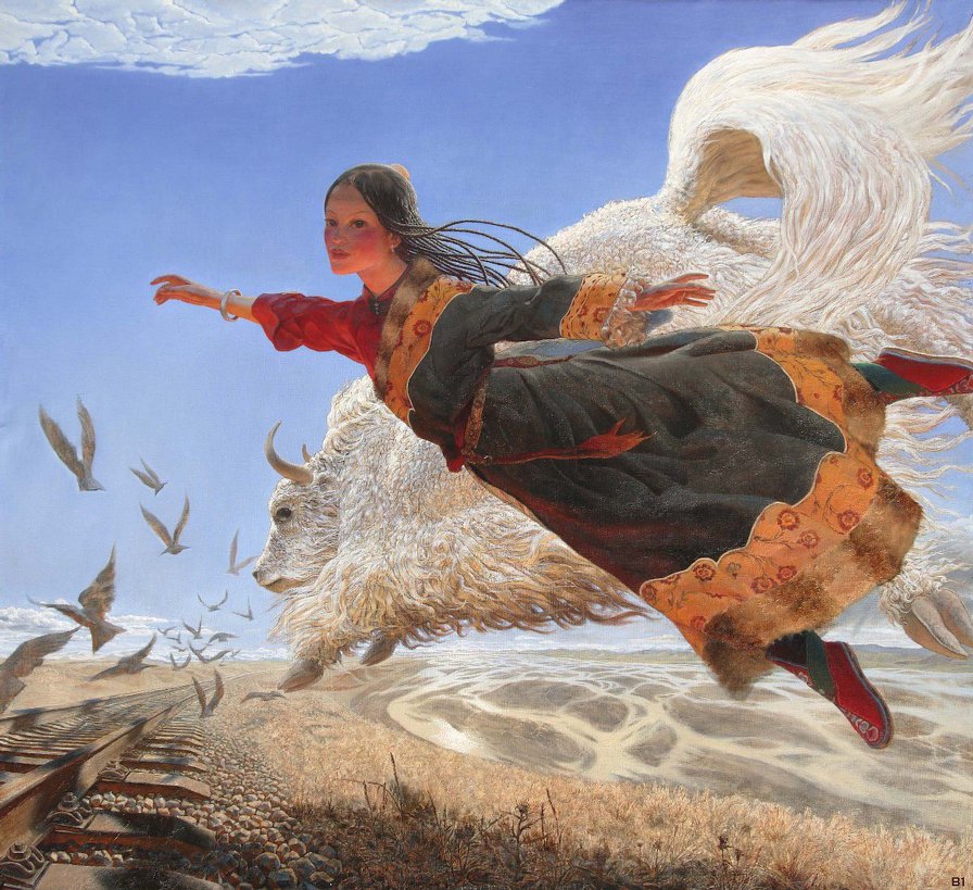 Летающий Тибет (Ван Игуан) - тур, тибет, небо, птицы, девушка, полет - оригинал