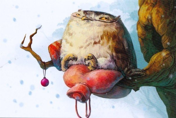 Довольная сова на грелке - сова, ветка, грелка, снег, зима, дупло - оригинал