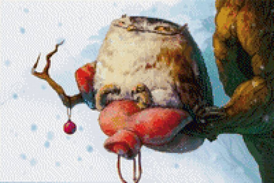 Довольная сова на грелке - зима, сова, ветка, снег, грелка, дупло - предпросмотр