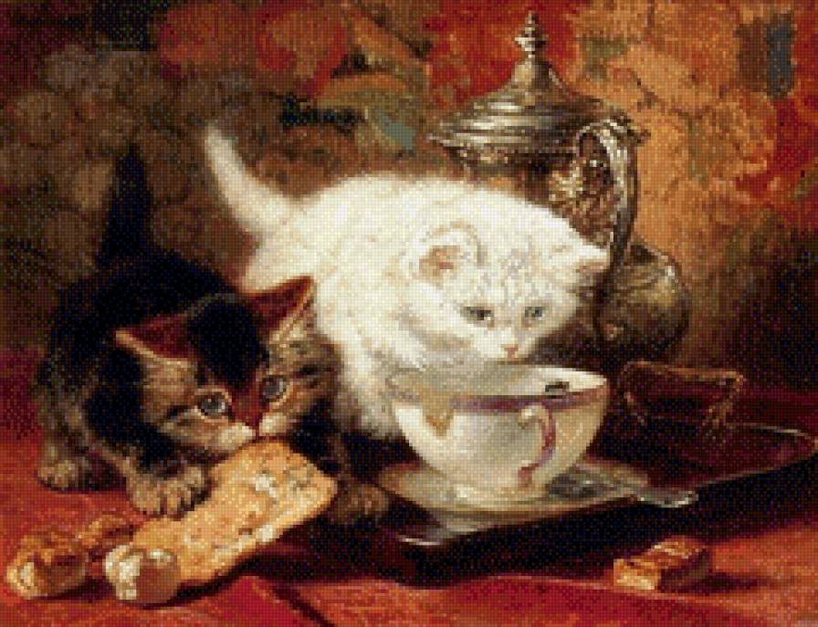 Котята нападают на еду - натюрморт, кошка, еда, кот, котята, керамика - предпросмотр