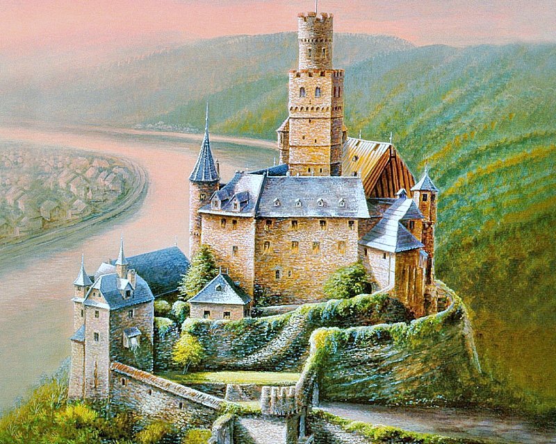 Замок - замки, пейзаж, река, живопись - оригинал