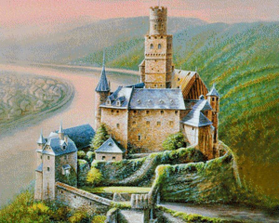 Замок - живопись, замки, пейзаж, река - предпросмотр