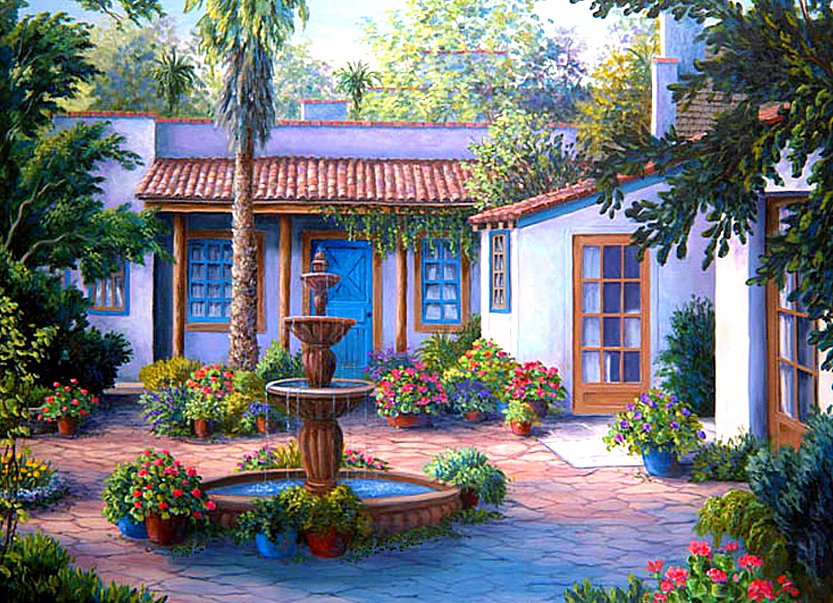 Уютный дворик - фонтан, дворик, пейзаж, домик - оригинал