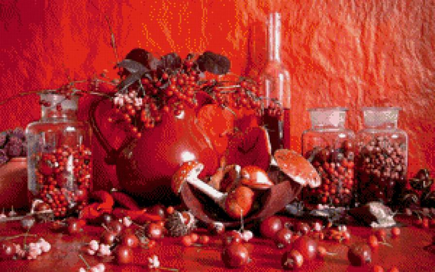 Красный натюрморт с мухоморами - ягоды, мухомор, красный, керамика, банки, бутылка, грибы - предпросмотр