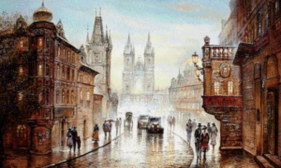 В городе дождь - фонари, дождь, город, вечер, машины, зонтики, люди - предпросмотр