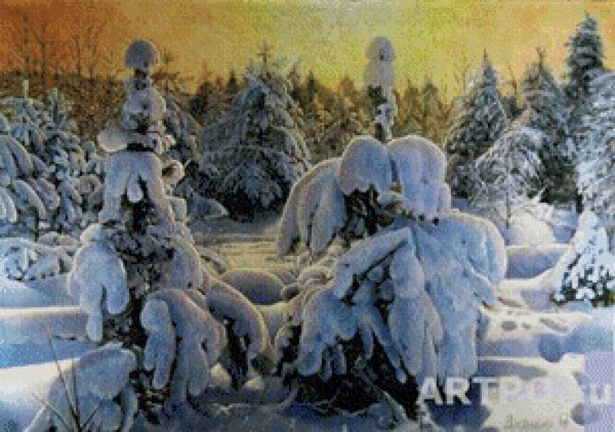 вечер в зимнем лесу - лес, сосны, елка, сугробы, вечер, заря, ель, зима, снег - предпросмотр