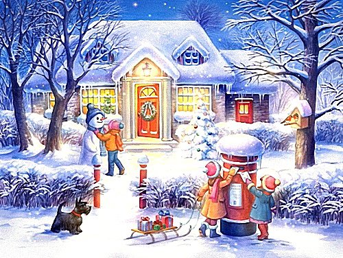 Письма деду Морозу - зима, пейзаж, домик, новогоднее, дети - оригинал