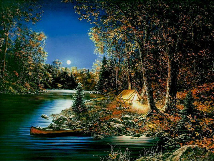 джуди гибсон 5 палатка на берегу - ночь, река, джуди гибсон, палатка, пейзаж, картина, лес, берег, лодка - оригинал