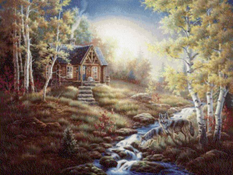 джуди гибсон 14 волки у реки - пейзаж, природа, домик, картина, берег, джуди гибсон, волки, лес, речка - предпросмотр