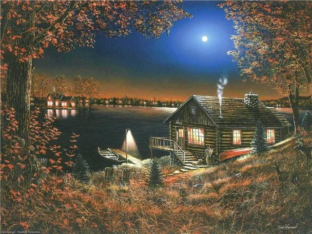 джуди гибсон 26 домик на берегу - домик, картина, ночь, пейзаж, причал, джуди гибсон, озеро, оека - оригинал