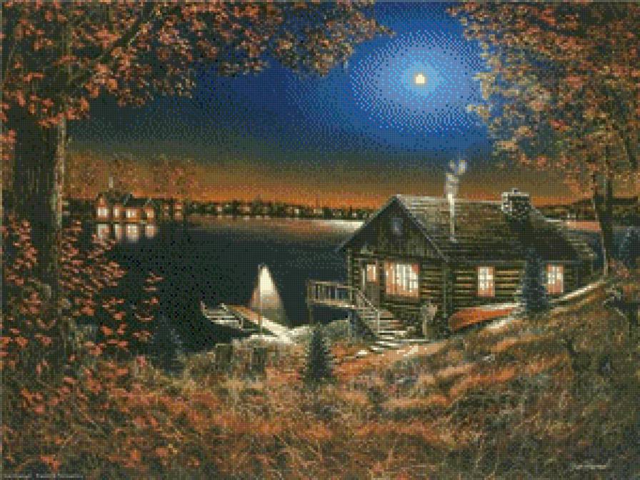 джуди гибсон 26 домик на берегу - ночь, причал, джуди гибсон, озеро, пейзаж, оека, картина, домик - предпросмотр