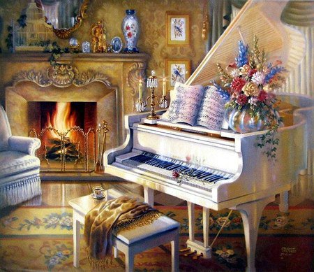 джуди гибсон 37 белый рояль у камина - джуди гибсон, дом, комната, рояль, камин, роза, цветок, ноты - оригинал