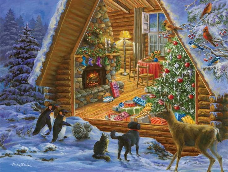 зверушки у избушки - снег, зима, горы, лес, деревья, избушка, животные, домик - оригинал