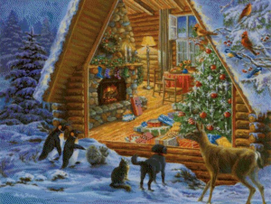 зверушки у избушки - зима, горы, избушка, снег, животные, домик, деревья, лес - предпросмотр