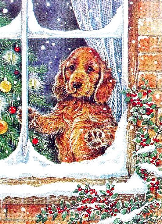 В ожидании чудес... - собаки, животные, снег, окно, елочка, праздник - оригинал