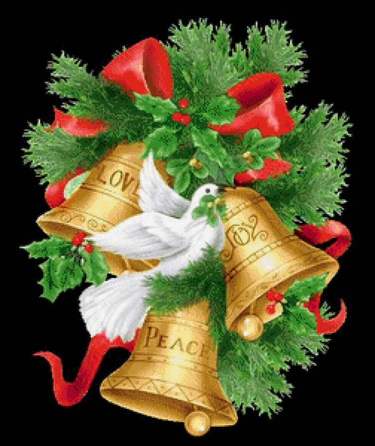 Голубок и колокольчики - голубь, рождество, колокольчики, птицы - предпросмотр