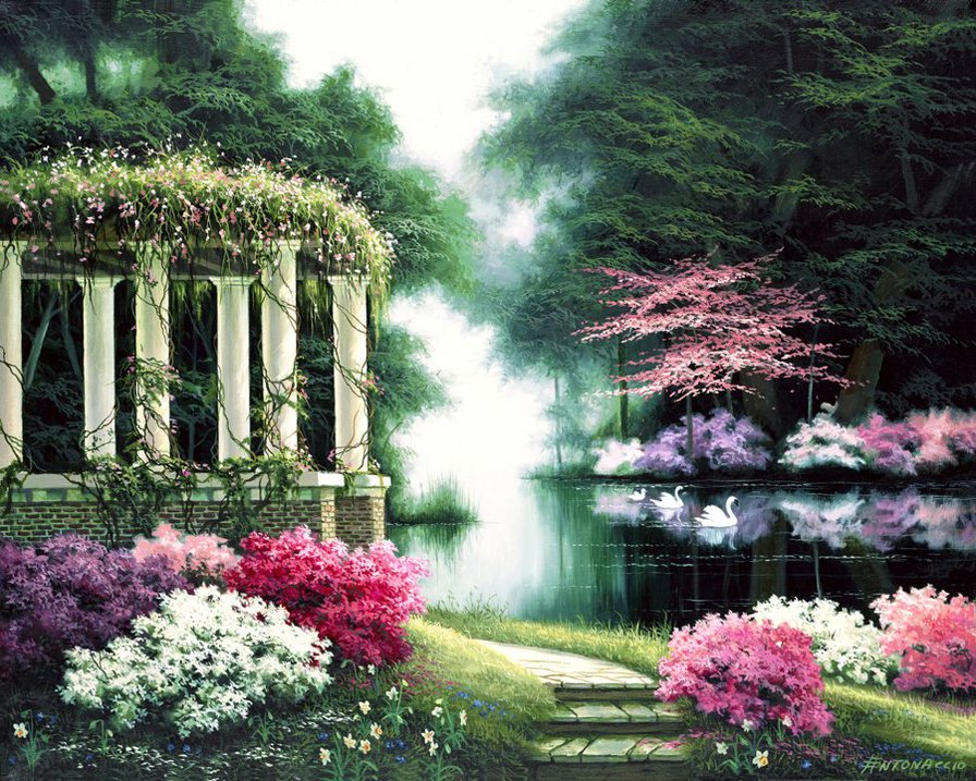 Egidio Antonaccio - ziwopis, park, kwiaty, drzewa - оригинал