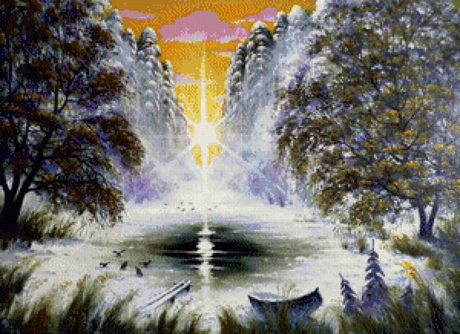 лесное озеро - пейзаж, лес, озеро, зима, природа - предпросмотр