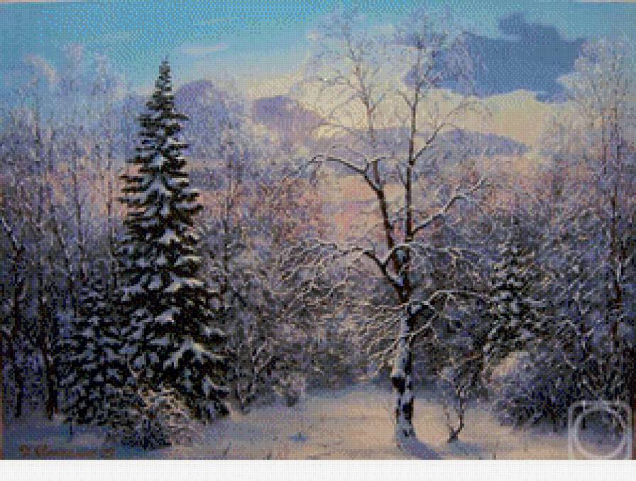 зимний лес и горы - картина, природа, пейзаж, лес, зима, снег, горы, сугроб - предпросмотр