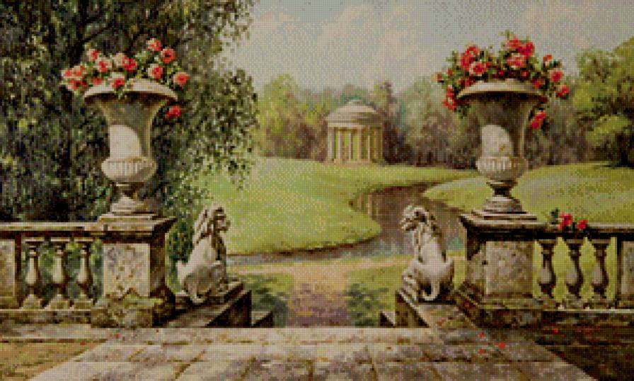 пейзаж - природа, статуя, беседка, ваза, живопись, картина, цветы, лестница, лев - предпросмотр