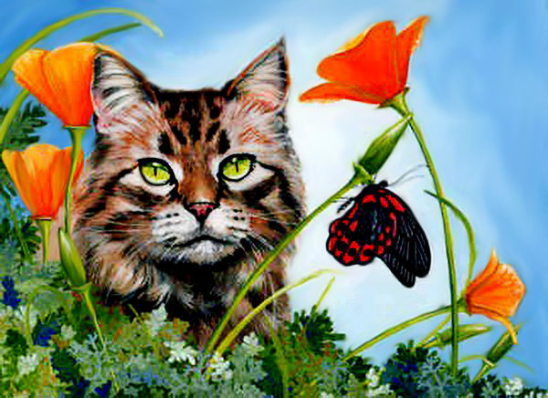 кот и цветы - живопись, взгляд, природа, бабочка - оригинал