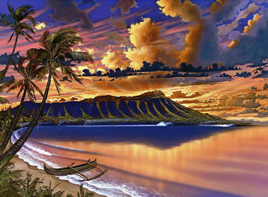 закат над морем - море, пальмы, закат, пейзаж - оригинал