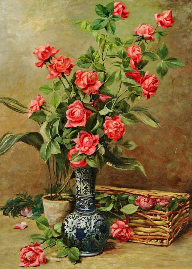 старинная картина - корзина, горшок, живопись, цветы, розы, ваза, роза, букет - оригинал