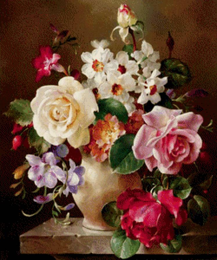старинная картина - розы, фрезия, цветы, примула, букет, живопись, нарцисс, ваза - предпросмотр