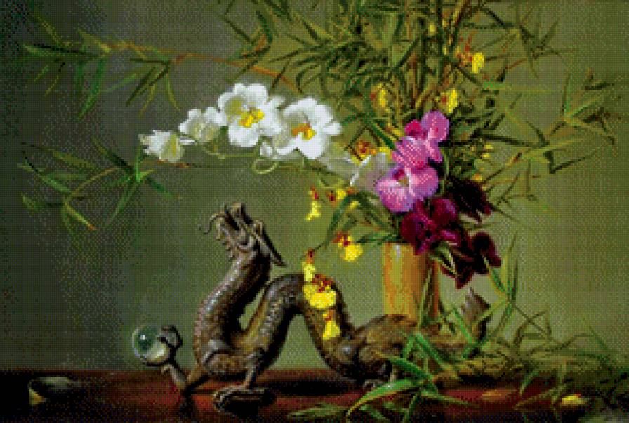 орхидеи - цветы, ваза, букет, живопись, статуэтка, картина, бамбук, дракон, шар - предпросмотр