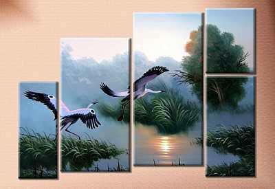 журавли - пейзаж, полиптих, птицы, природа, журавли - оригинал