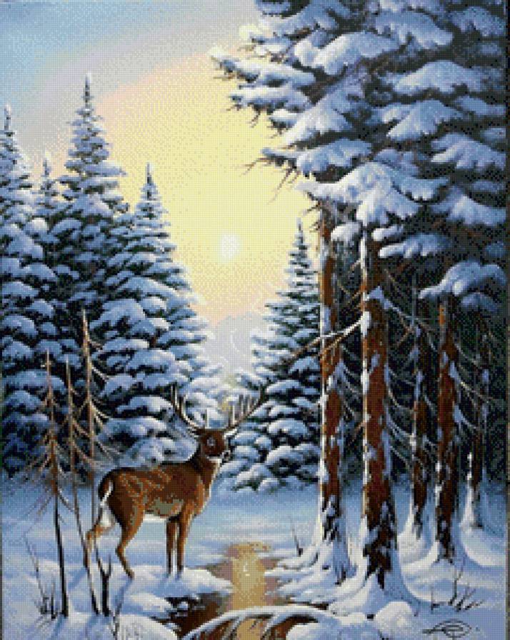 лесной ручей - олени, животные, природа, лес, зима, ручей - предпросмотр