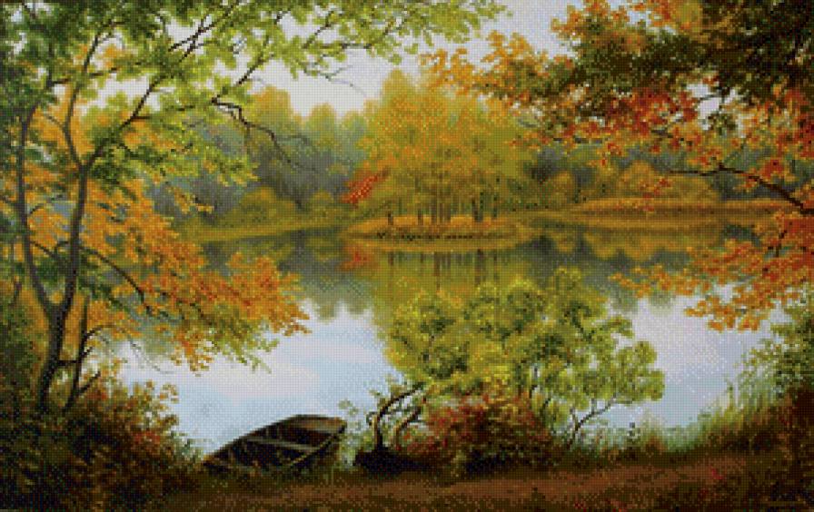 картина - речка, , природа, лодка - предпросмотр