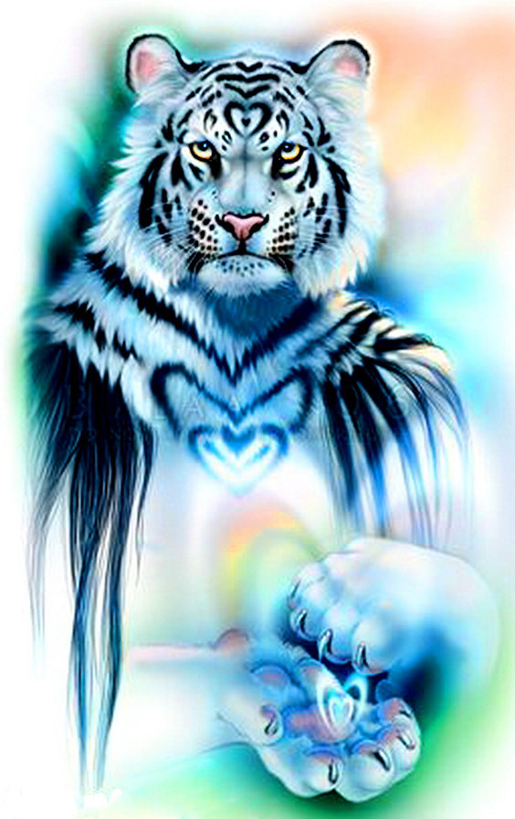 прекрасная фантазия - хищник, живопись, тигр, взгляд, фэнтези, сердце, радуга - оригинал
