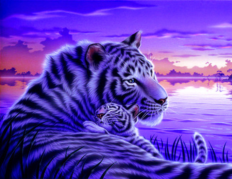 тигры часть 1 - природа, тигренок, луна, вода, хищник, живопись - оригинал
