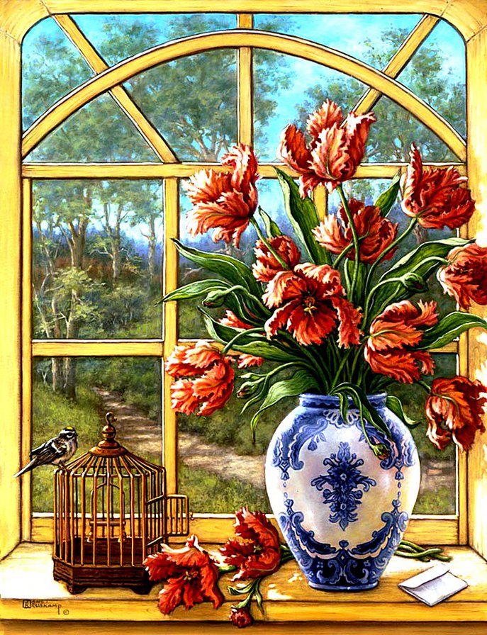 Цветы у окна - птичка, картина, тюльпаны, цветы, окно, клетка - оригинал