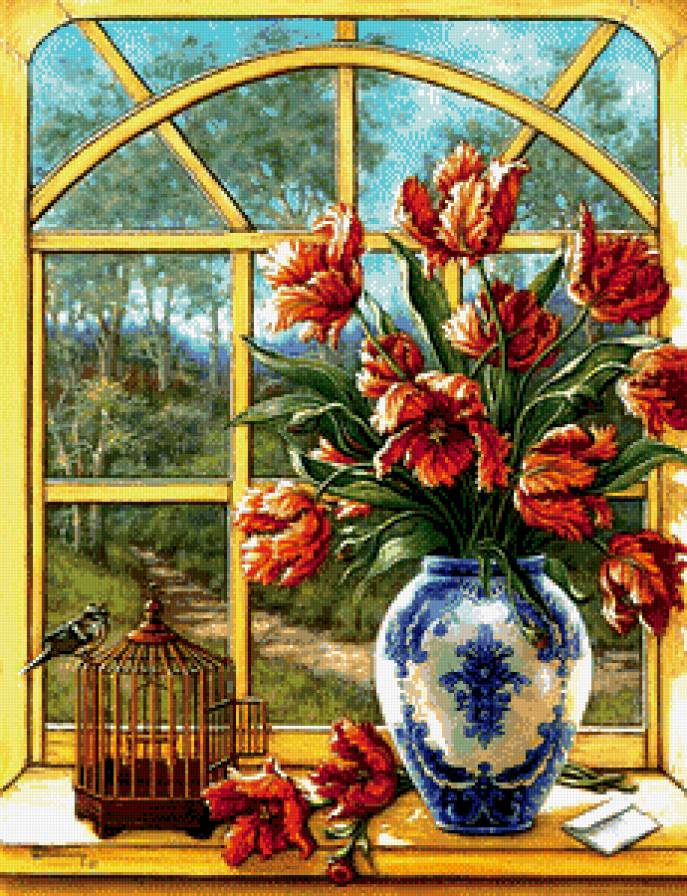 Цветы у окна - окно, тюльпаны, картина, цветы, клетка, птичка - предпросмотр
