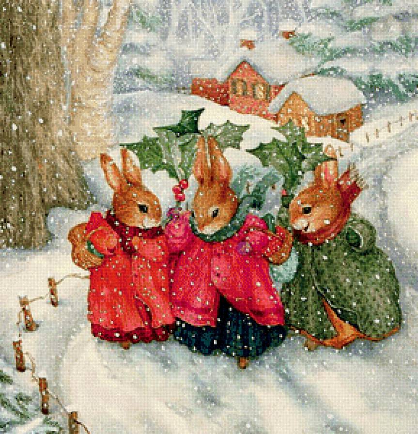 Рождественская сказка - зима, рождество, снегопад, зайчата, сказка - предпросмотр