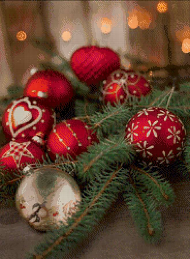 Новогодние игрушки - новый год, шарики, новогодняя игрушка, еловая ветка - предпросмотр