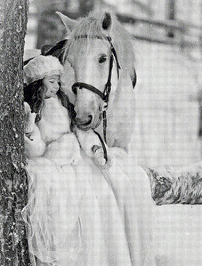 девочка и конь - конь, зима, черно-белая, дети, лошадь, девочка - предпросмотр